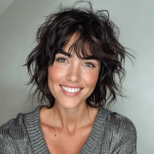 Try on a carefree and playful short wavy hairstyle with messy bangs that frame the face beautifully, adding a touch of glamour and youthfulness.