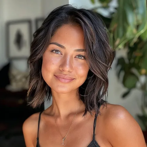 Try on a wavy, medium length hairstyle