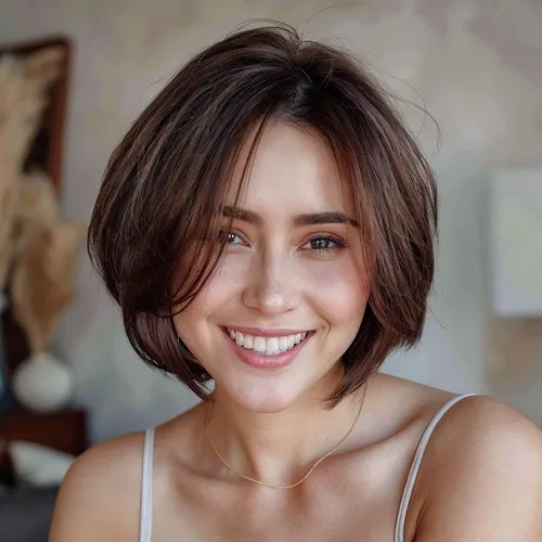 Try on this chic short wavy bob hairstyle that frames the face beautifully with light brown tones and subtle highlights, adding a touch of playfulness and elegance.