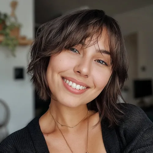 Try on a modern, multi-tonal short layered hairstyle with darker roots transitioning to lighter tips, styled with a subtle wave for added texture