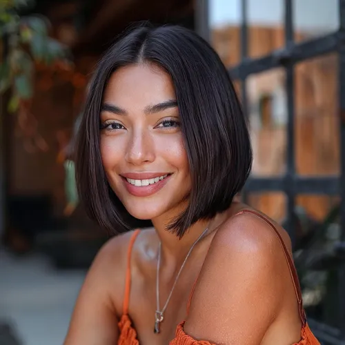 Try on this sleek, straight bob cut hairstyle showcased by the woman in the image.