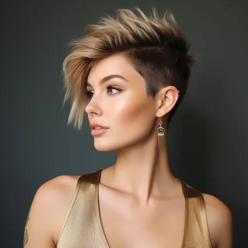Try on this stylish short blonde and dark spiked hairstyle, featuring longer top layers styled upward for a voluminous modern look.