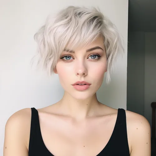 Try on this stylish short and wavy hairstyle in light blonde color