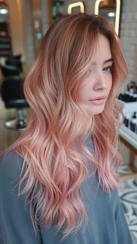 Try on this luscious wavy long hairstyle with a beautiful blend of blonde and pink tones.