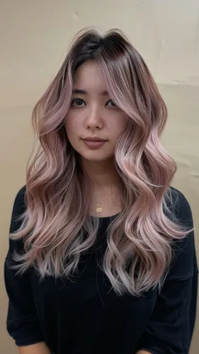 Try on a wavy ombre hairstyle featuring lovely shades of pink and blonde, transitioning smoothly from darker roots to lighter ends