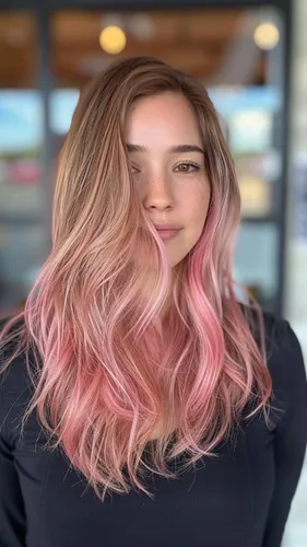 Try on a hairstyle featuring long hair with a blonde to pink ombre effect, adding a vibrant burst of color towards the ends.