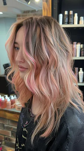 Try on this stylish wavy hairstyle with a beautiful blend of brown and pink ombre coloring, perfect for adding a touch of whimsy to your look.