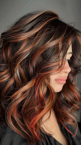 Try on this voluminous wavy hairstyle with dark brown base and striking copper highlights