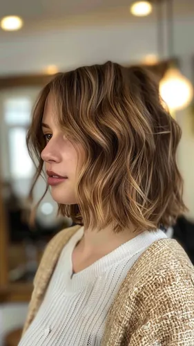 Try on this stylish wavy bob hairstyle featuring gracefully textured waves with subtle highlights adding depth and dimension.