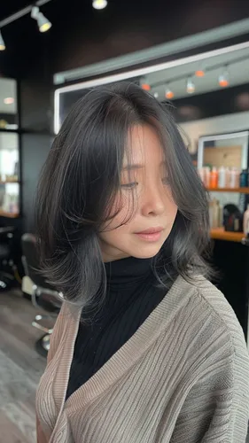 Try on a stylish medium-length layered haircut with subtle gray tones, giving a fresh and modern look.