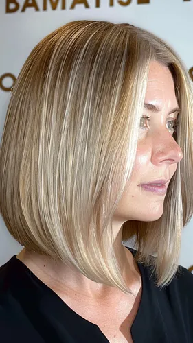 Try on this chic blonde bob cut with smooth strands and subtle highlights.