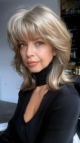 Try on a styled, layered blonde hairstyle with highlights, flowing softly with a natural bounce.