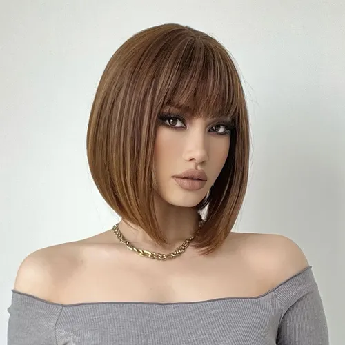 Try on this sleek bob cut hairstyle, featuring smooth, straight hair that ends around the jawline.