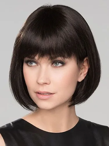 Try on this sleek bob haircut featuring straight bangs that cover the forehead, creating a neat and sophisticated look.