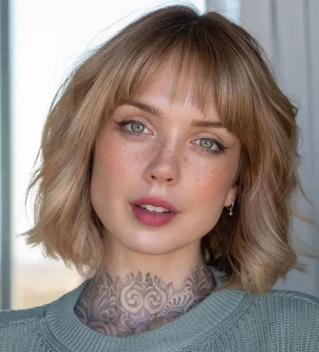 Try on a stylish bob hairstyle with fringe. The hair is cut at jaw-length, framing the face delicately. This hairstyle is complemented by a soft, wispy fringe that partially covers the forehead.