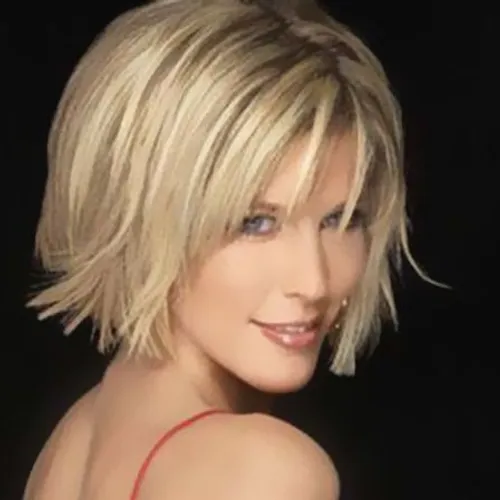 Try on this chic short blonde hairstyle with a sleek, side-swept design.