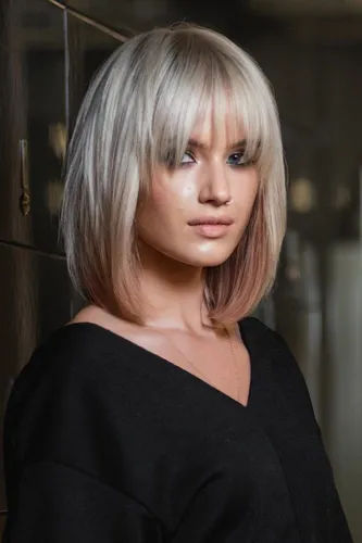 Try on a sleek blunt bob hairstyle in silver tone with a subtle pink gradient towards the ends