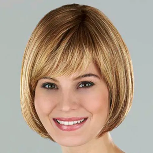 Try on this chic bob cut with blonde highlights, featuring a neat fringe and smoothly textured layers that frame the face gracefully.