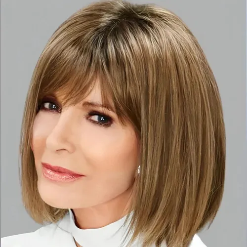 Try on this chic bob cut with a fringe. The hairstyle features evenly cut strands around the face, subtly highlighting the cheekbones.