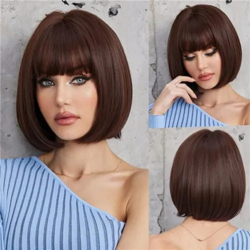 Try on a chic bob hairstyle featuring blunt bangs, elegantly framing the face with its sleek and smooth texture in a rich chestnut color