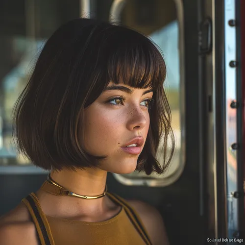 Try on this sculpted bob cut with bangs, featuring clean lines and a neatly trimmed length that aligns just above the shoulders.