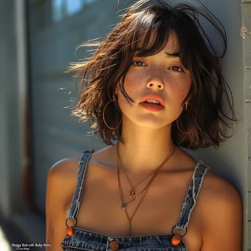 Try on a shaggy bob with short, wavy layers catching the light, perfect for a casual chic style.