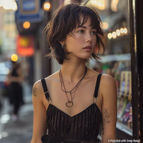 Try on a pixie bob with swept bangs hairstyle as seen in the image. This hairstyle features shorter hair length with bangs lightly sweeping across the forehead, adding a soft, elegant touch to the overall look.