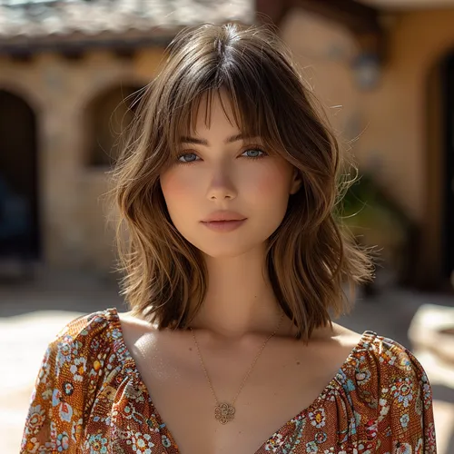 Try on this fashionable short wavy hairstyle that gracefully enhances the neckline with its layered curls and subtle highlights, adding a vibrant yet sophisticated charm to your look.