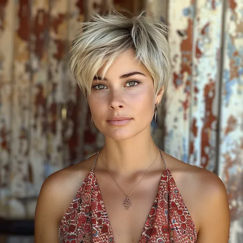 Try on this chic short blonde hairstyle.