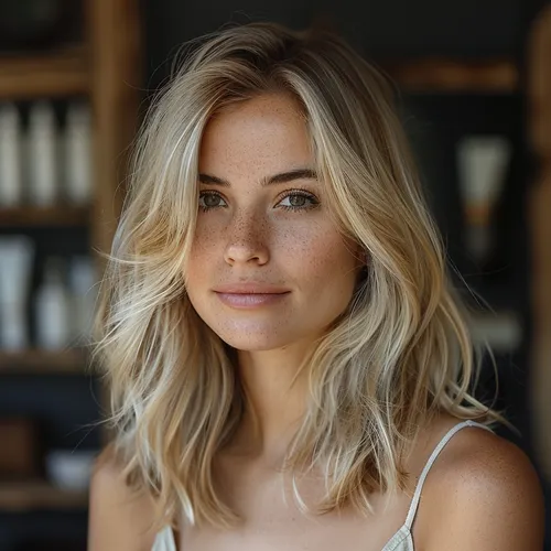 Try on this light blonde, wavy hairstyle giving a relaxed and stylish look.