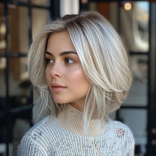 Try on this stylish bob hairstyle in blonde tones, showcasing a modern and chic look.