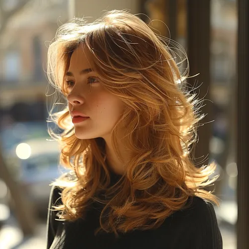 Try on this hairstyle featuring a luxurious wavy, blonde look, softly accentuating the face with an airy, natural flow.