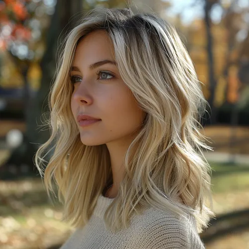 Try on this blonde, wavy hairstyle seen in the image, styled with layered cuts enhancing the texture.