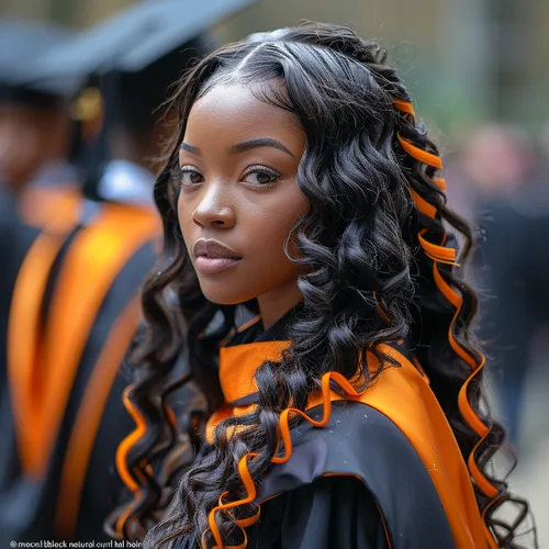 Try on the voluminous black curly hairstyle with highlighted strands. This style radiates elegance and is suited for special occasions.