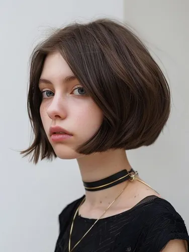 Try on a chin-length bob hairstyle with a smooth texture and a slight inwards curve at the ends, complemented by a natural brown color.