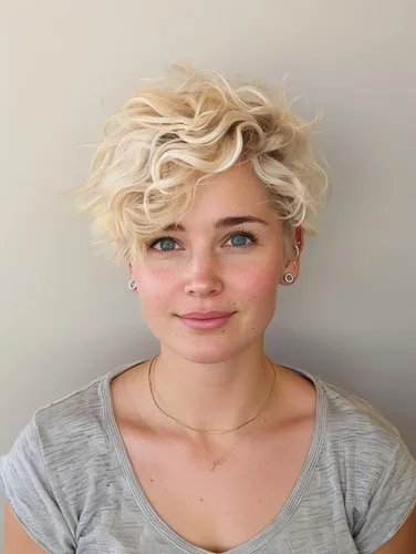 Try on this short wavy blonde hairstyle for a fresh and lively look.