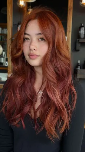 Try on this hairstyle featuring long auburn hair with gentle waves, offering a natural yet striking appearance.