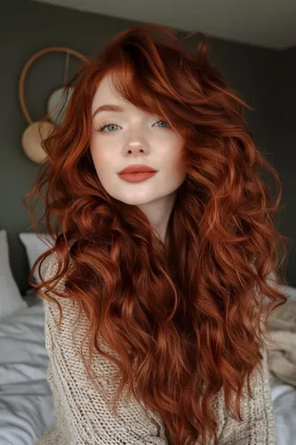 Try on this elegant long wavy red hairstyle, adding a touch of vibrant color and volume.