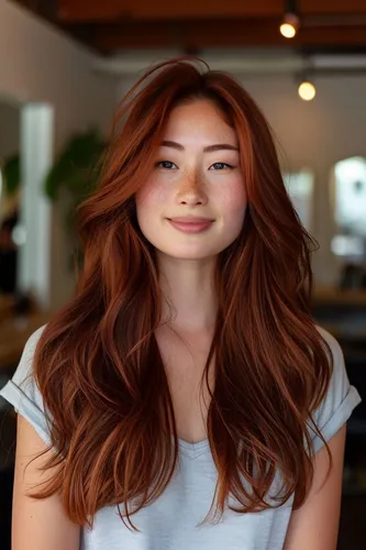 Try on this hairstyle with long, flowing, wavy hair in a vibrant auburn shade. The hairstyle imparts a soft, natural look ideal for bringing out the subtle nuances of the hair color.