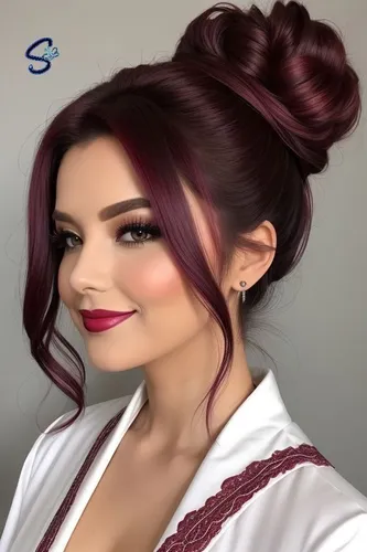 Try on this elegant high bun hairstyle with a deep burgundy color, adding a sophisticated touch to the overall look.