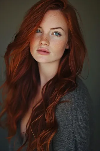 Try on this vibrant long wavy red hairstyle that cascades gently over the shoulders.
