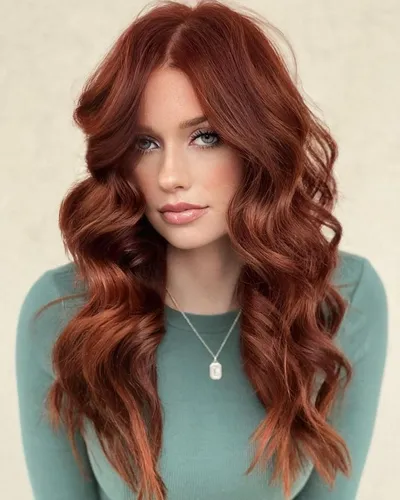 Try on this luxurious long, wavy, auburn hairstyle for a glamorous look.