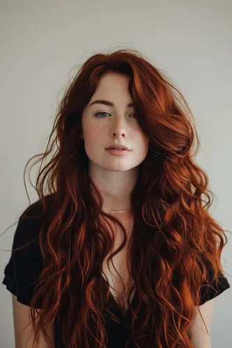 Try on this luxurious long wavy hairstyle that cascades beautifully with a rich auburn hue.