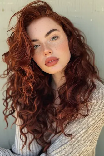 Try on a hairstyle featuring long, voluminous curly red hair cascading around the shoulders