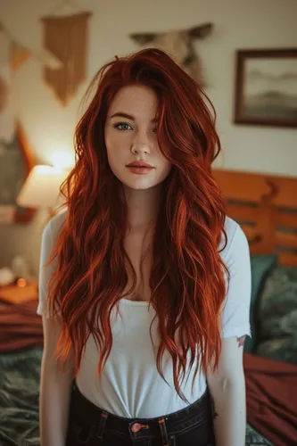 Try on this hairstyle featuring long, wavy red hair that cascades beautifully down, providing a striking look