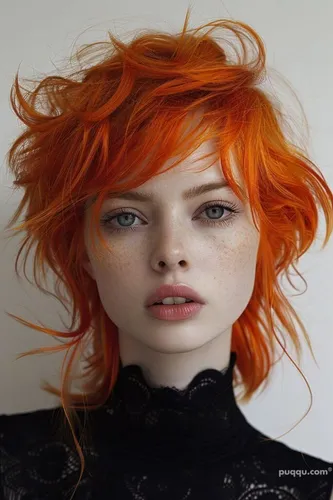 Try on a vibrant orange, messy hairstyle featuring voluminous, textured locks and side-swept bangs, adding a playful yet striking appeal.