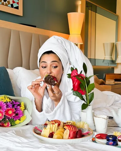 Try on the towel-wrapped hairstyle where the hair is completely covered by a white towel, giving a neat and spa-like appearance.