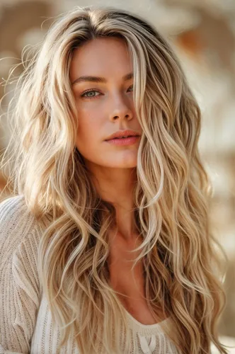 Try on this stylish long wavy blonde hairstyle, featuring loose curls that add volume and texture, framing the face beautifully