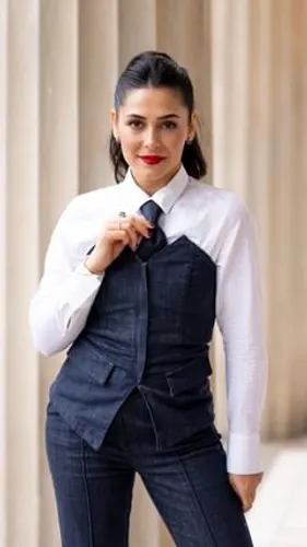 Try on a sleek, slicked-back hairstyle, neatly styled with the hair pulled back from the face, creating a polished and professional appearance.