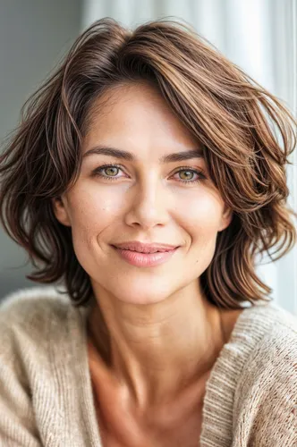 Try on this shoulder-length wavy hairstyle, featuring voluminous layers with a dynamic brown shade.